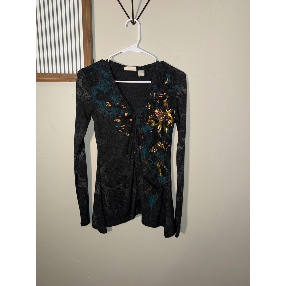 Miss Me Grey Teal Gold Sequin Embellished Floral Cardigan‎  Small